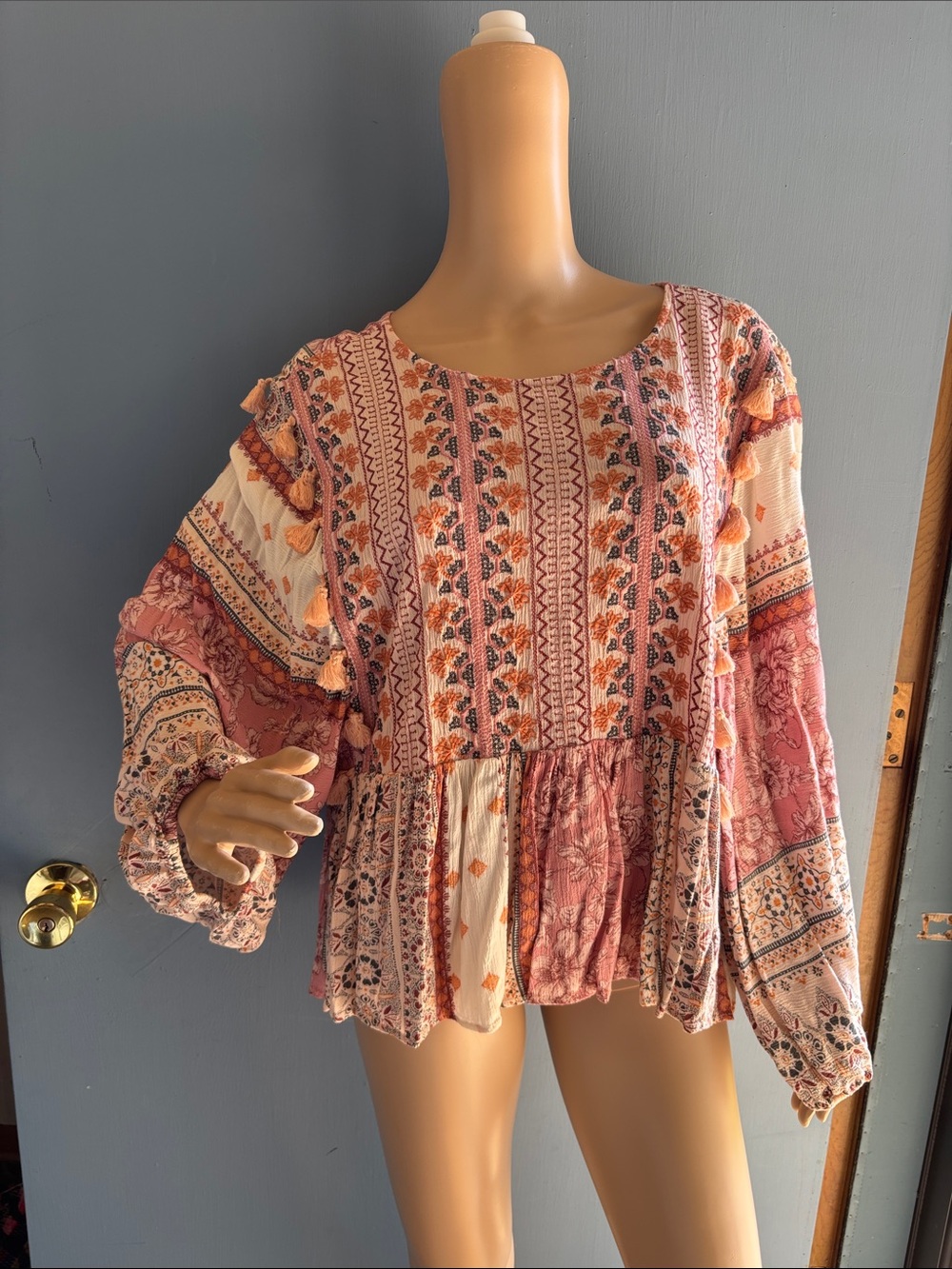 American Eagle Outfitters Rose batwing Peasant Tunic tassels embroidered boxy